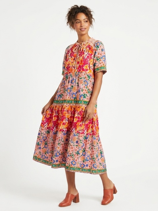 Umgee Dresses & Skirts - Umgee Bright Mixed Floral Tiered Dress Small Pink Boho Ruffle